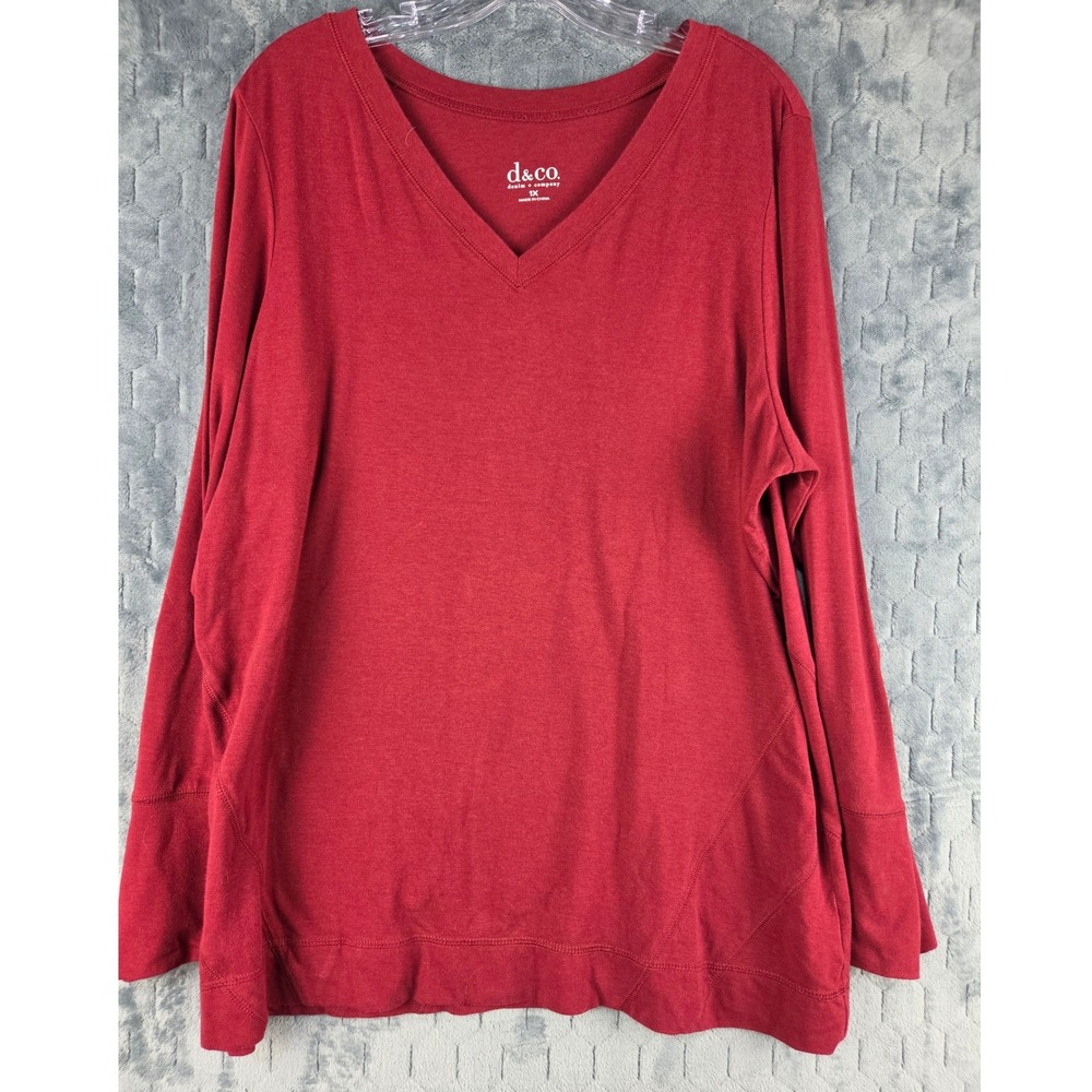 Denim & Company Womens 1X Red V-Neck Long Sleeve Top Seam Detail Cotton Blend - Picture 2 of 9